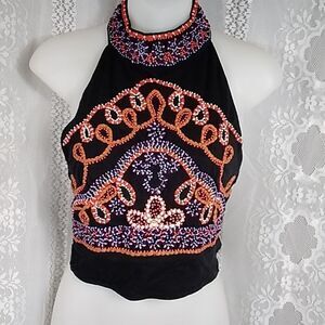 Free People Black Boho Embroidered Beaded Goa Halter Neck Chopped Top NWT Size M